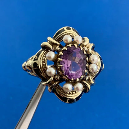 Art Nouveau 14K Yellow Gold Oval Amethyst Pearl Black Enamel Cocktail Ring