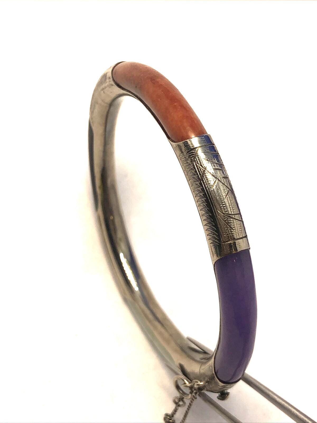 Sterling Silver 925 Green Lavender Black & Red Jade Cabochon Bangle Bracelet