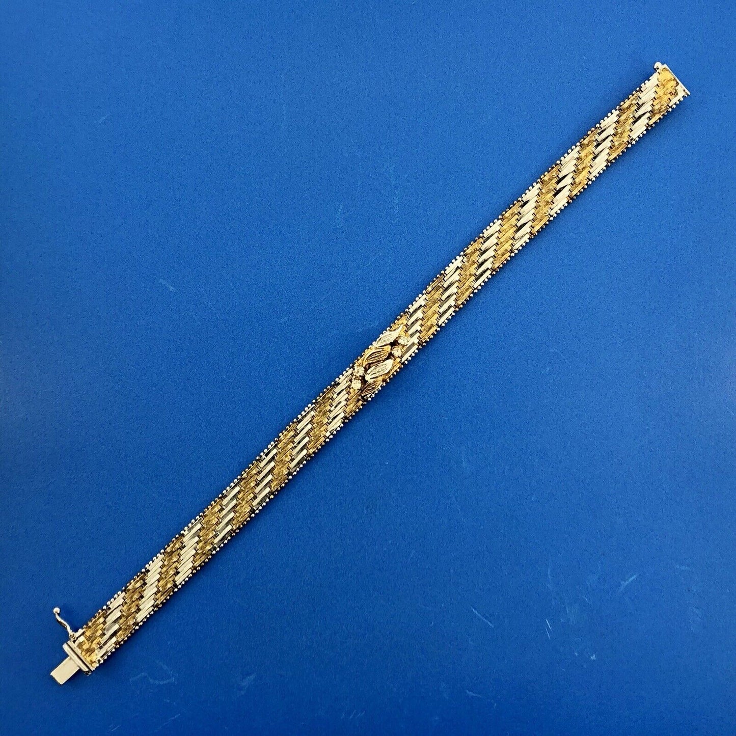 Vintage Sterling Silver 925 Diamond Two Tone Textured Weave Link Bracelet