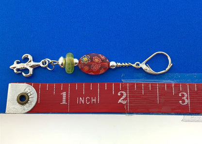 Sterling Silver 925 Millefiore Glass Bead Fleur De Lis Drop Dangle Earrings