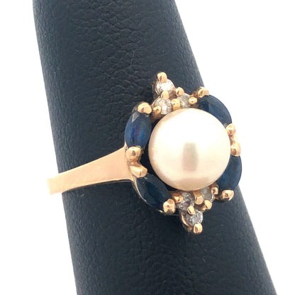 Designer 14K Yellow Gold Pearl Solitaire Sapphire Diamond Accented Cocktail Ring