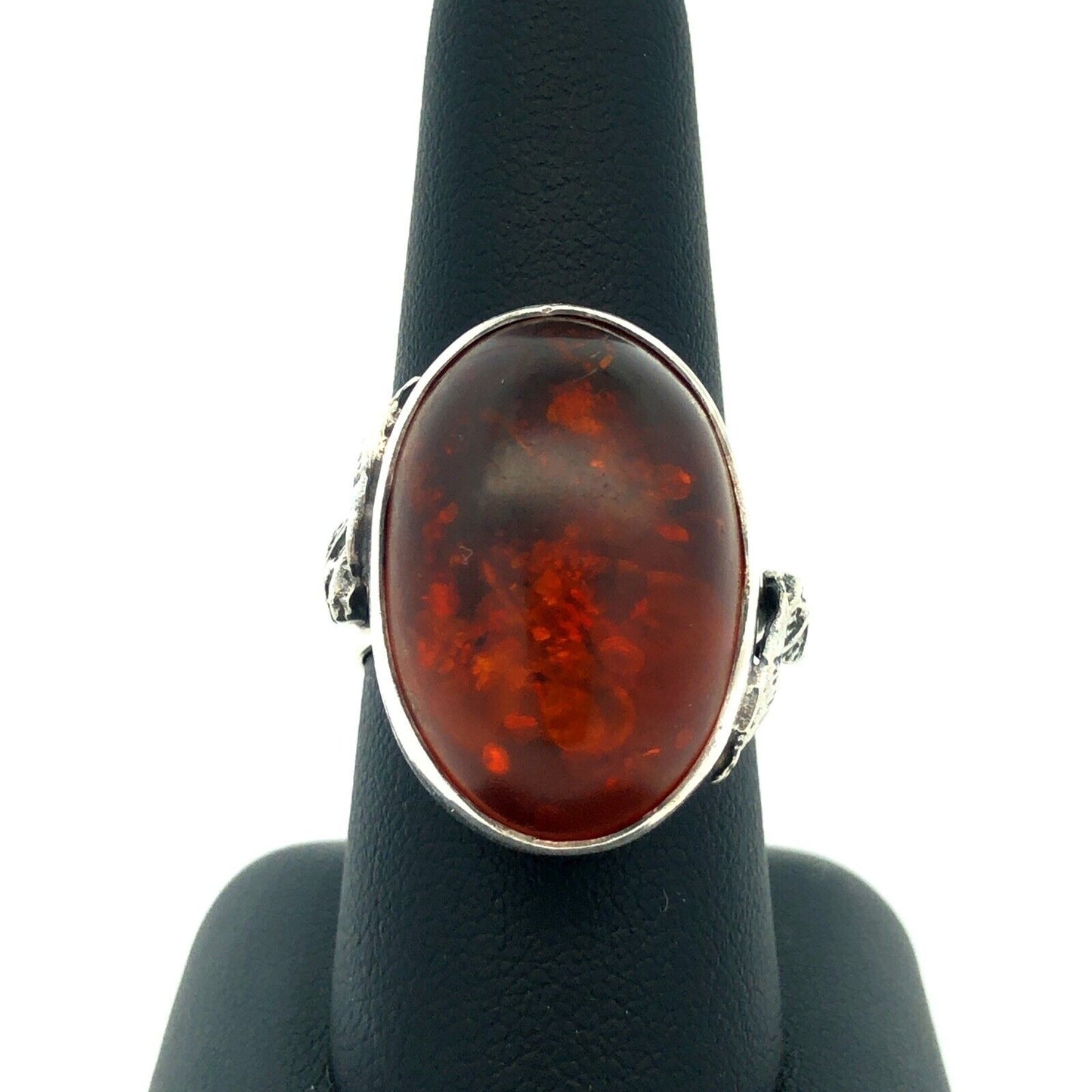 925 Sterling Silver Vintage Oval Cabochon Amber Leaves Nature Statement Ring