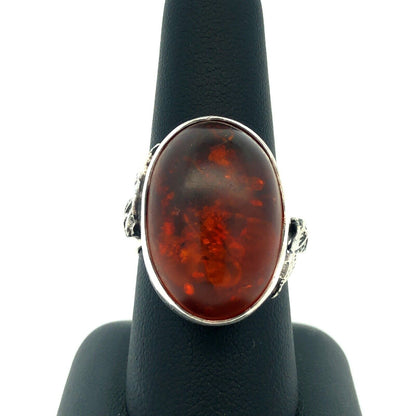 925 Sterling Silver Vintage Oval Cabochon Amber Leaves Nature Statement Ring
