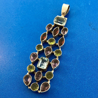 Sterling Silver 925 Multi Colored Shaped Gemstone Rectangular Statement Pendant