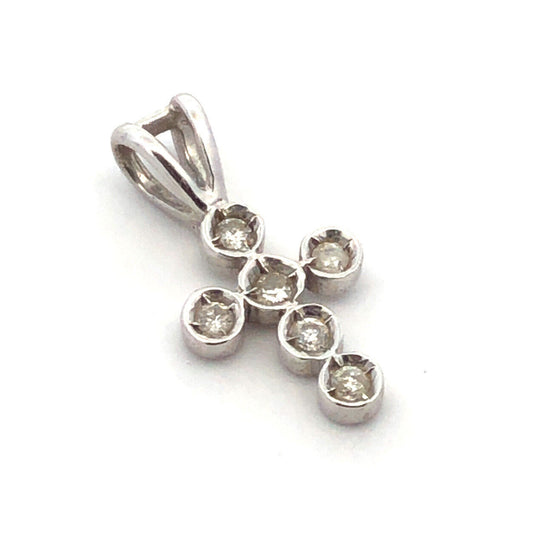 Designer 14K White Gold Round Diamond Bezel Petite Religious Cross Pendant