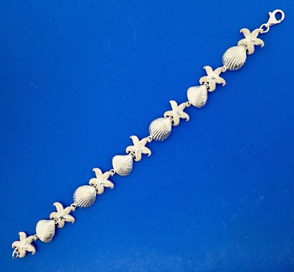 Designer Sterling Silver 925 Sea Shell Star Fish Ocean Panel Link Bracelet