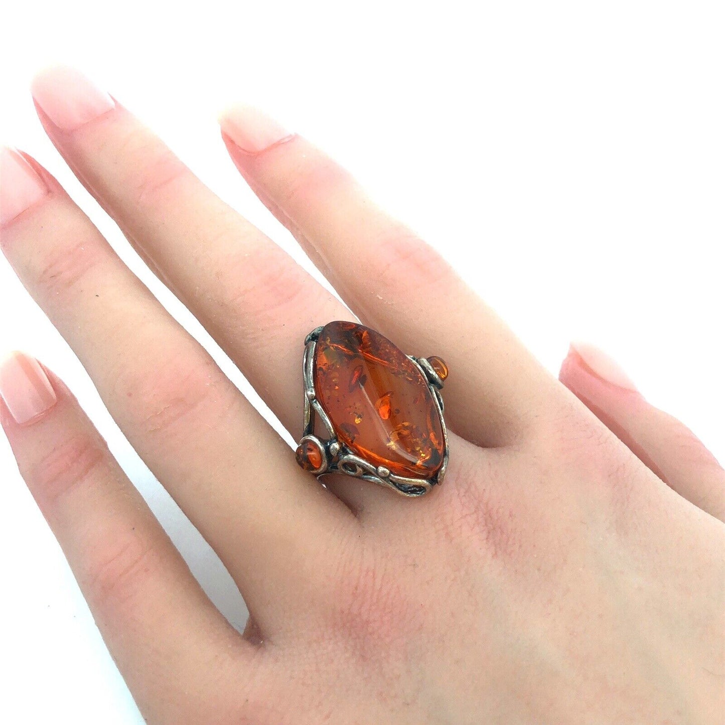 Vintage Designer PL 925 Sterling Silver Oval Amber Statement Ring