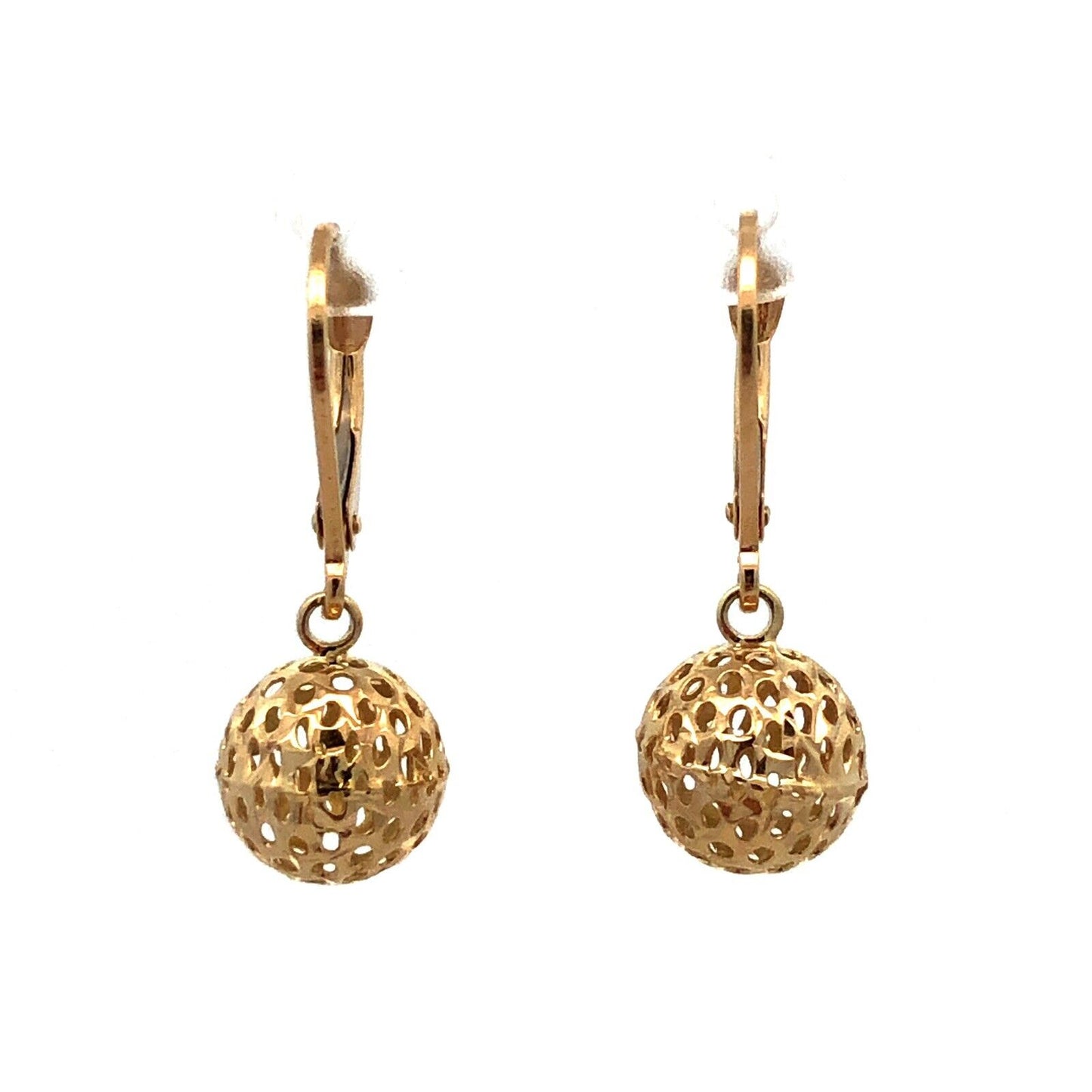 Designer RL 14K Yellow Gold Open Work Round Ball Drop Dangle Leverback Earrings