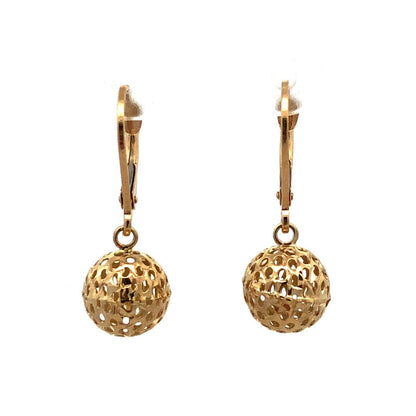 Designer RL 14K Yellow Gold Open Work Round Ball Drop Dangle Leverback Earrings