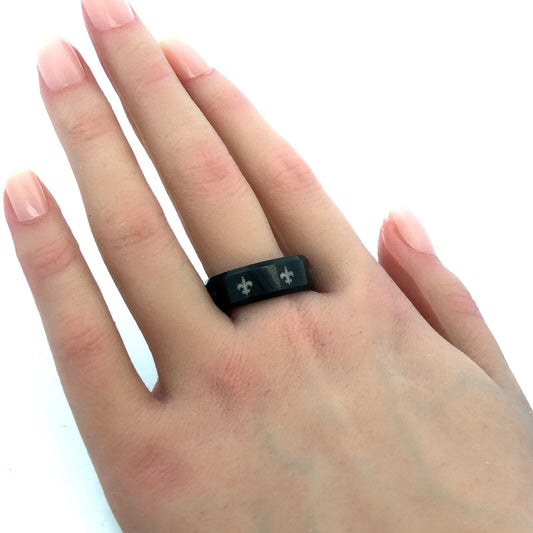 Unisex Black Tungsten Carbide Gold Fluer De Lis Size 10 Statement Wedding Band