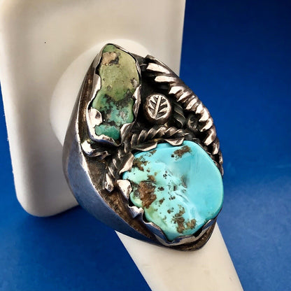 Navajo P Padilla Signed 925 Sterling Silver Chunky Green Blue Turquoise Ring