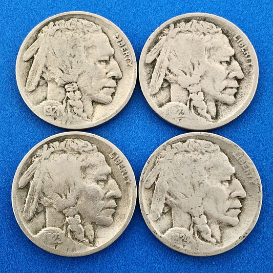 1921 P Indian Head Buffalo Nickel 5c Mixed Date Mint Mark Four Coin Lot