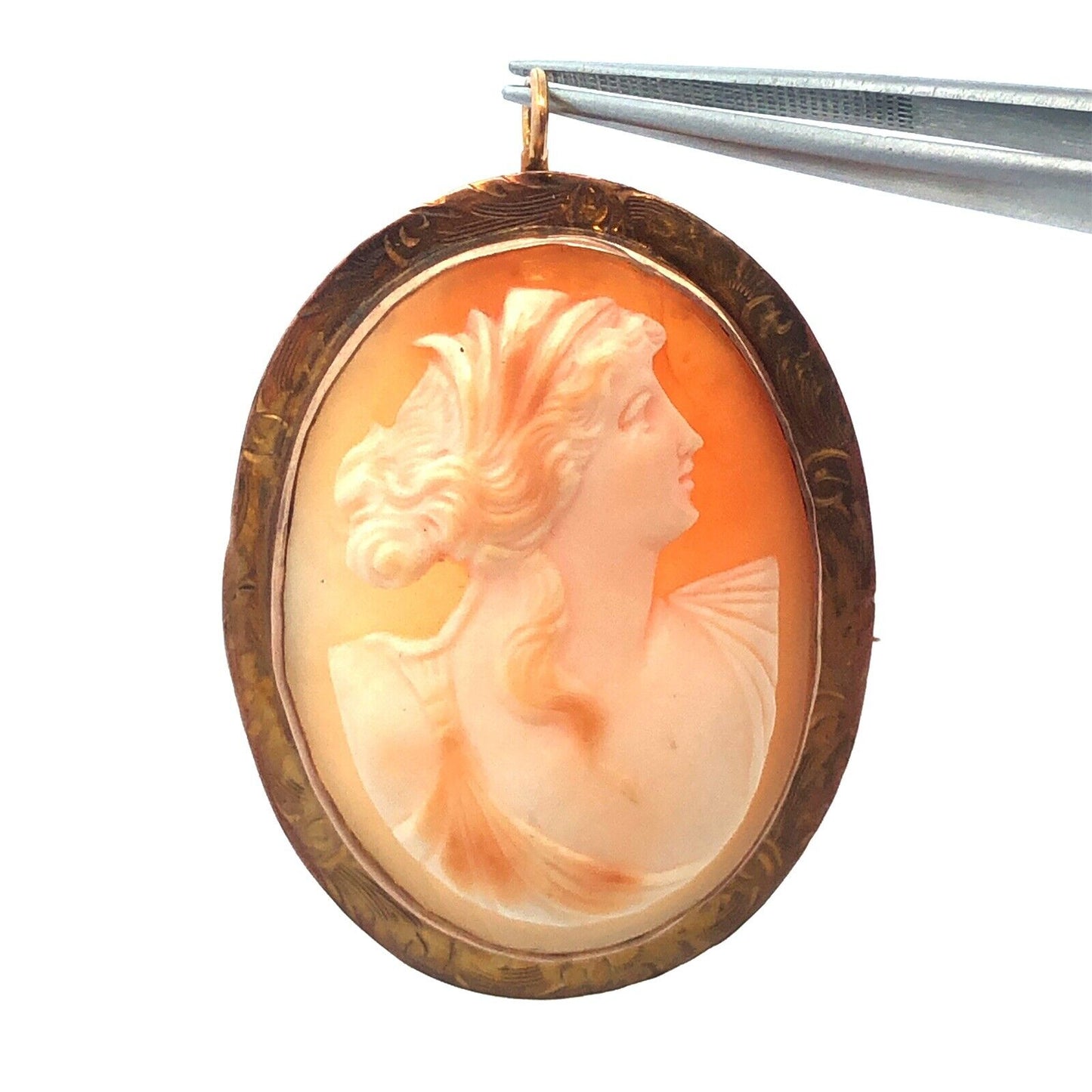 Victorian Vintage 10K Oval Carved Shell Cameo Scroll Statement Brooch Pendant