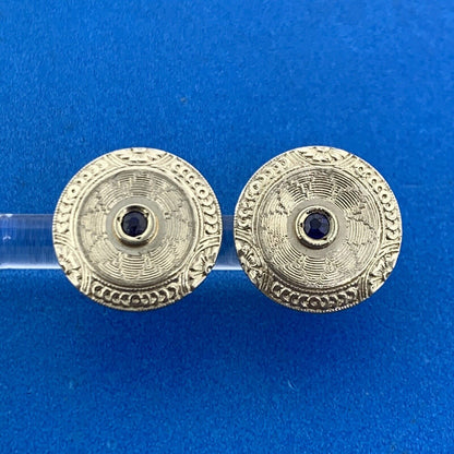 Art Deco 14K White Yellow Gold Blue Sapphire Patterned Circle Stud Earrings