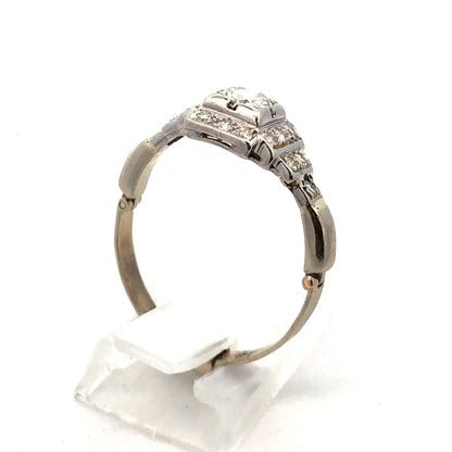 Vintage Art Deco 14K White Gold Miners Cut Diamond w/Accents Engagement Ring
