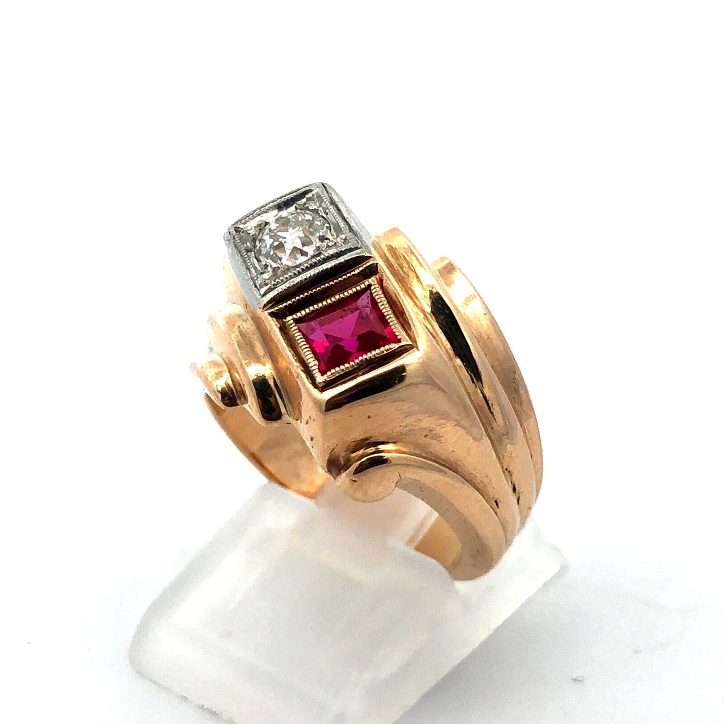 Art Deco 14K Yellow Gold Princess Ruby Round Diamond Statement Cocktail Ring