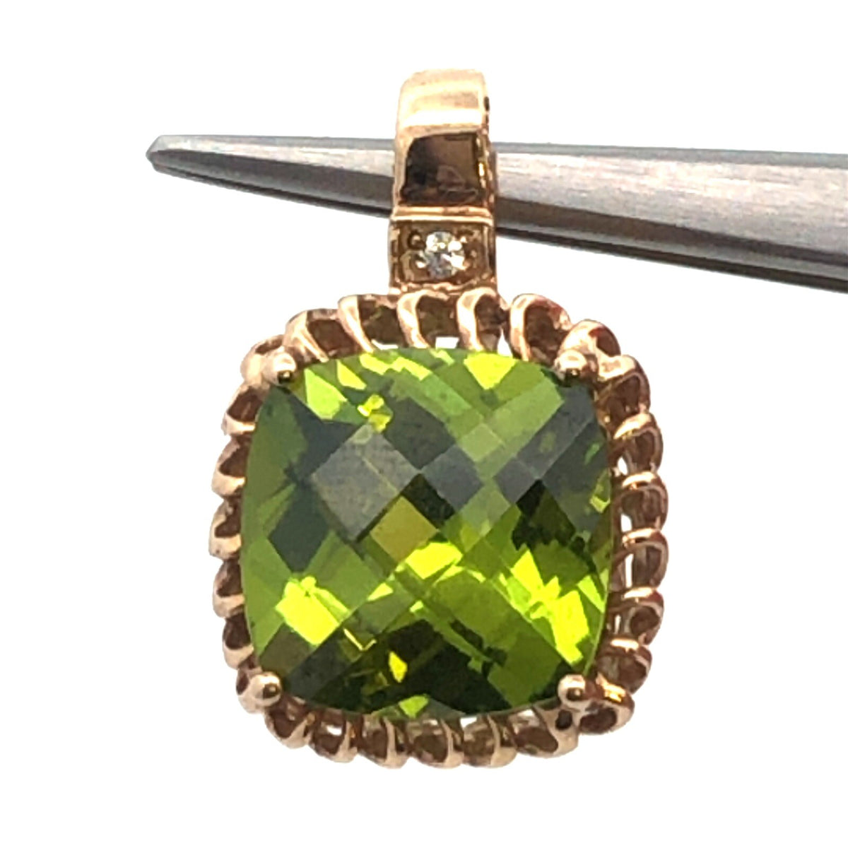 Gorgeous 14k Yellow Gold Cushion Chartreuse Green Sparkling CZ Statement Pendant