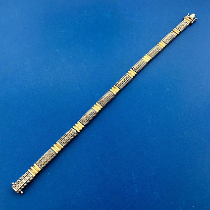 Estate CI 925 Sterling Silver Vermeil Two Tone Diamond Bar Panel Tennis Bracelet