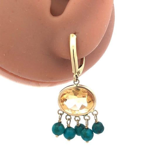 Vintage 14K ZB Yellow Gold Honey Citrine Turquoise Ball Drop Dangle Earrings