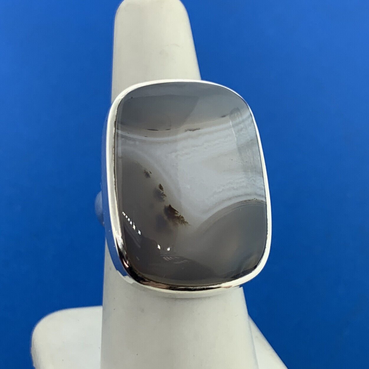 Retro 925 Sterling Silver Rectangle Banded Agate Statement Cocktail Ring