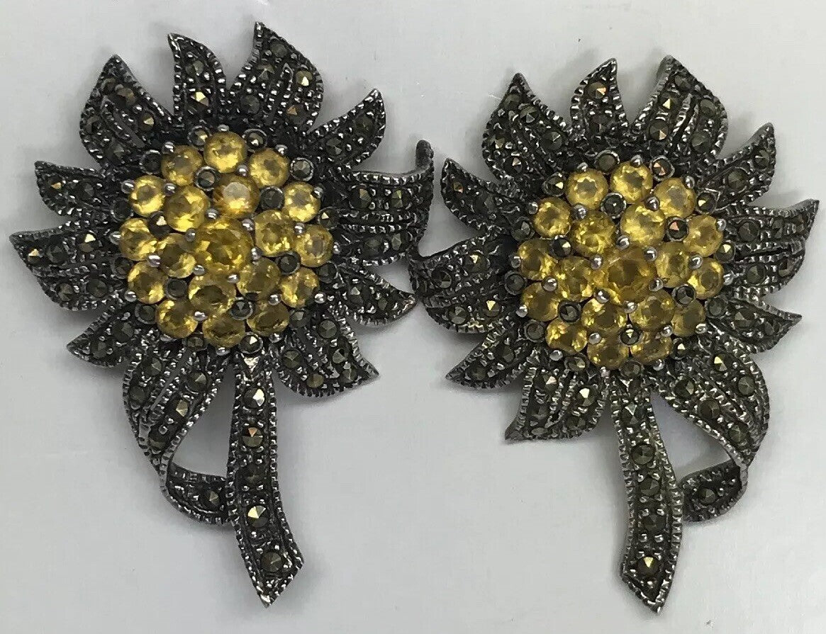 Art Deco Sterling Silver 925 Lemon Quartz Marcasite Sunflower Statement Earrings