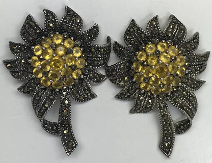 Art Deco Sterling Silver 925 Lemon Quartz Marcasite Sunflower Statement Earrings
