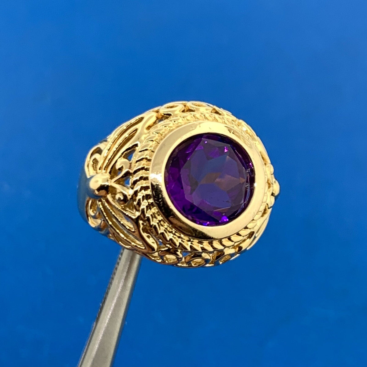 Designer 925 Sterling Silver Vermeil Round Amethyst Butterfly Scroll Ring