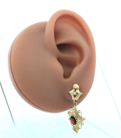 Vintage 14K Yellow Gold Oval Garnet Seed Pearl Dangle Drop Earrings