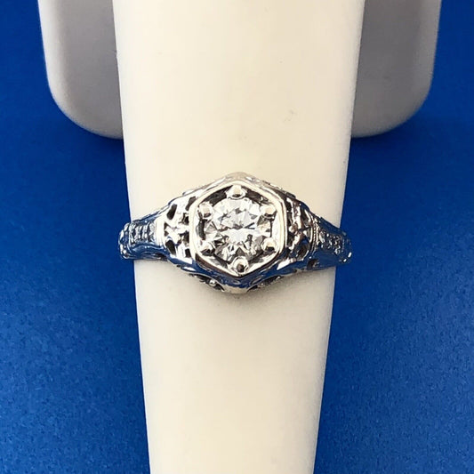 Vintage 14k White Gold Round Cut Diamond Solitaire W/Accents Regal Openwork Ring