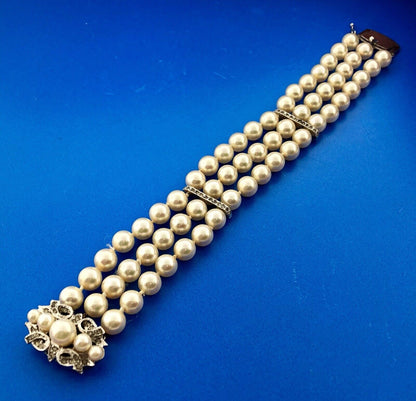 Vintage Silver Tone Hand Knotted Faux Pearl Rhinestone 3 Row Tennis Bracelet