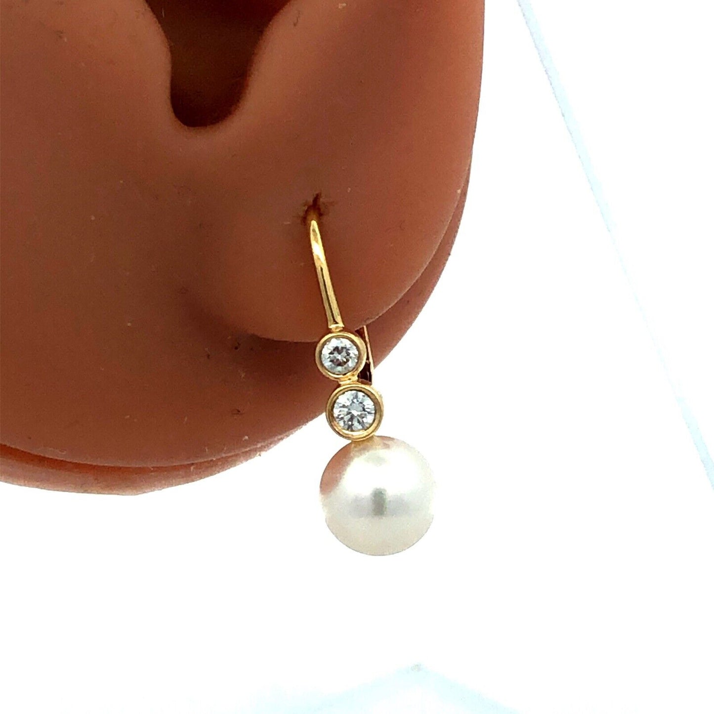 Designer 18K Yellow Gold Round White Pearl Diamond Leverback Hook Earrings