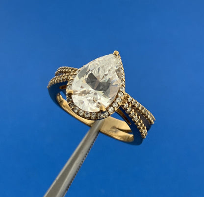 Designer Sterling Silver Vermeil Pear Cubic Zirconia Solitaire w/Accents Ring