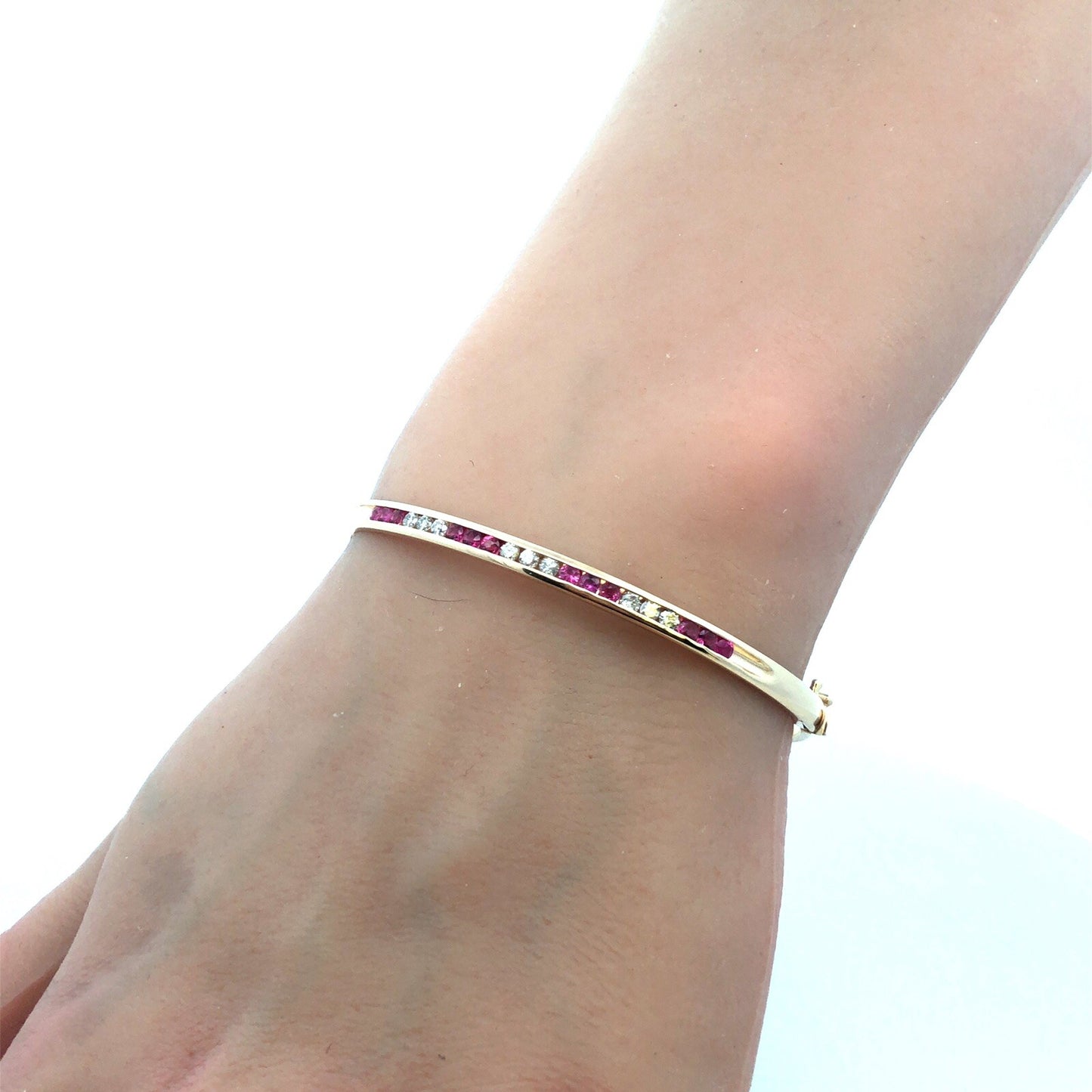 Designer 14K Yellow Gold Channel Set Round Ruby Diamond Hinged Bangle Bracelet