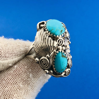 Stunning Sterling Silver 925 Cabochon Turquoise Spiral Floral Finger Ring Size 8