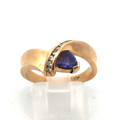 14k Yellow Gold Trillion Tanzanite Diamond Modernist Bypass Cocktail Ring