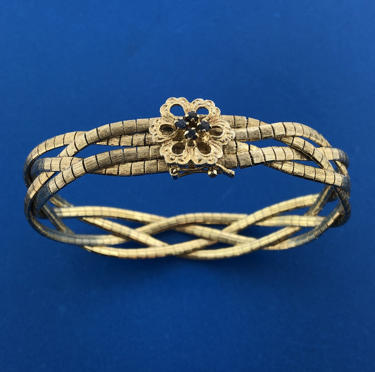 Sterling Silver 925 Vermeil Gold Tone Blue Sapphire Floral Clasp Woven Bracelet