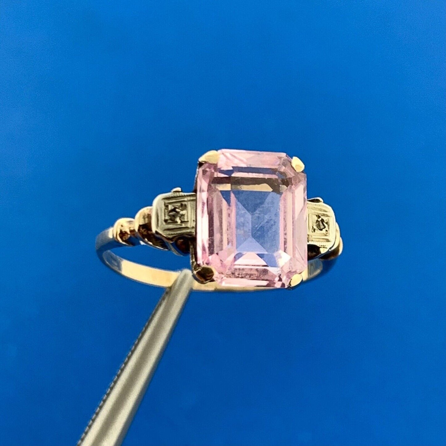 Art Deco 10K Yellow White Gold Pink Solitaire Center Diamond Accent Ring