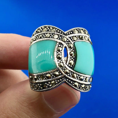 Designer Barse 925 Sterling Silver Turquoise Enamel Marcasite Statement Ring
