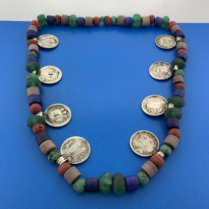 Mid Century Bakelite Art Glass Carved Cinnabar Beaded India Coinage Necklace