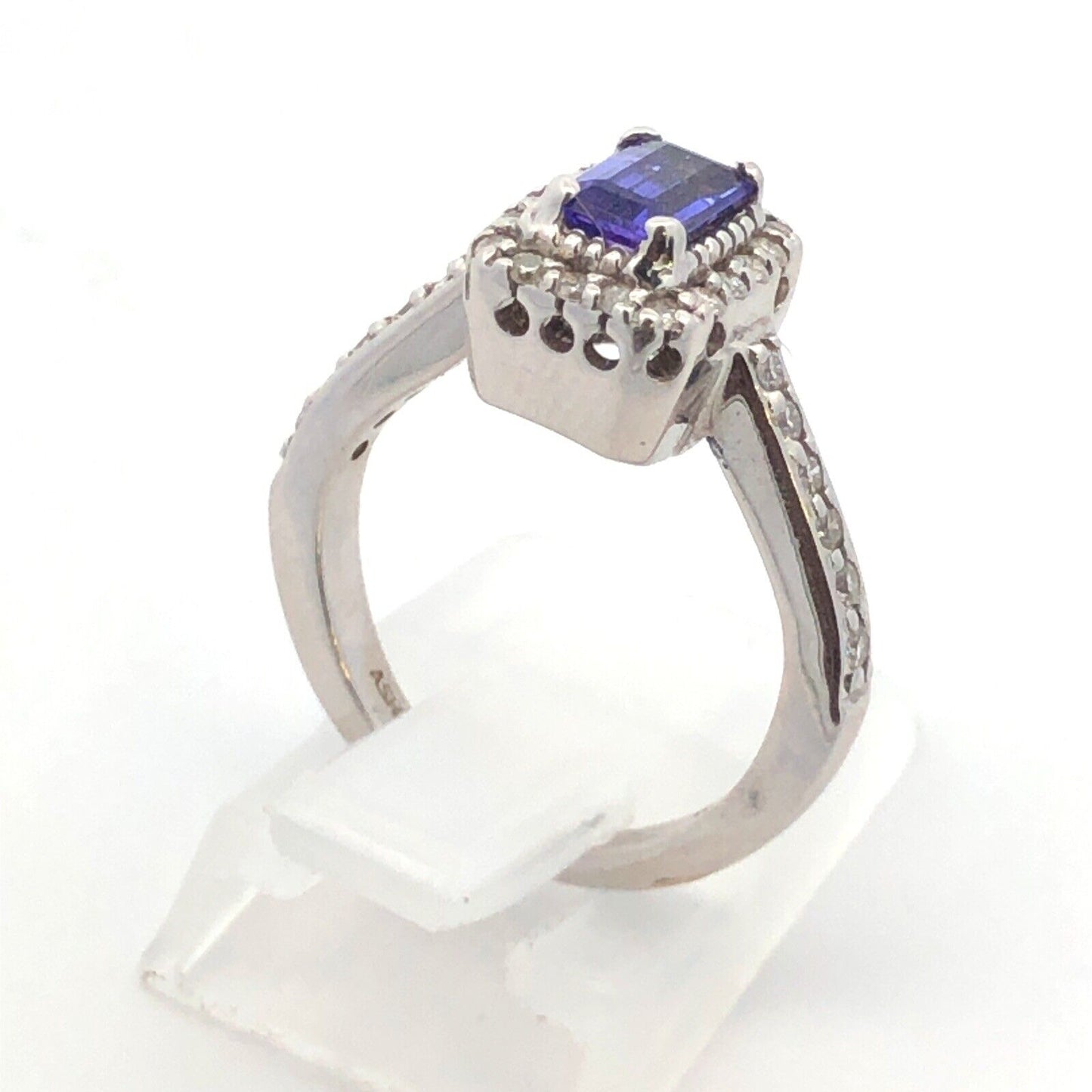 Designer 14K White Gold Emerald Cut Tanzanite Diamond Halo Engagement Ring