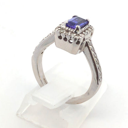Designer 14K White Gold Emerald Cut Tanzanite Diamond Halo Engagement Ring