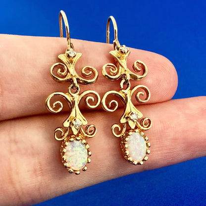 Art Deco Art Nouveau 14K Yellow Gold Opal Diamond Scroll Drop Dangle Earrings