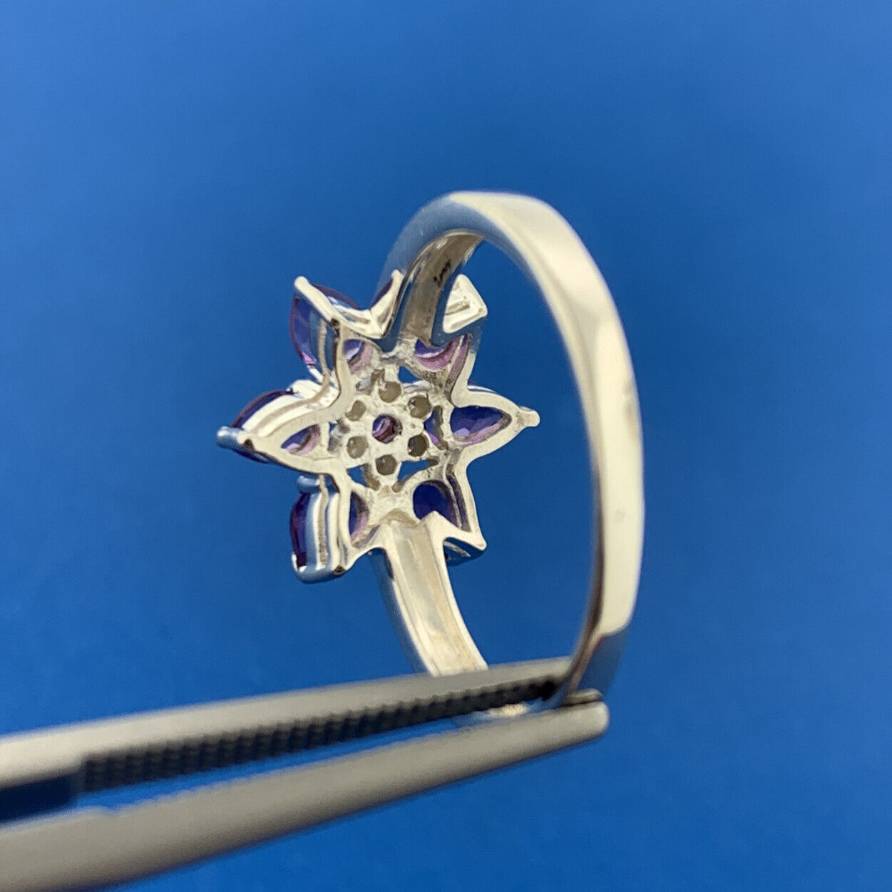 Designer Sterling Silver Amethyst Diamond Flower Cluster February Occasion Ring