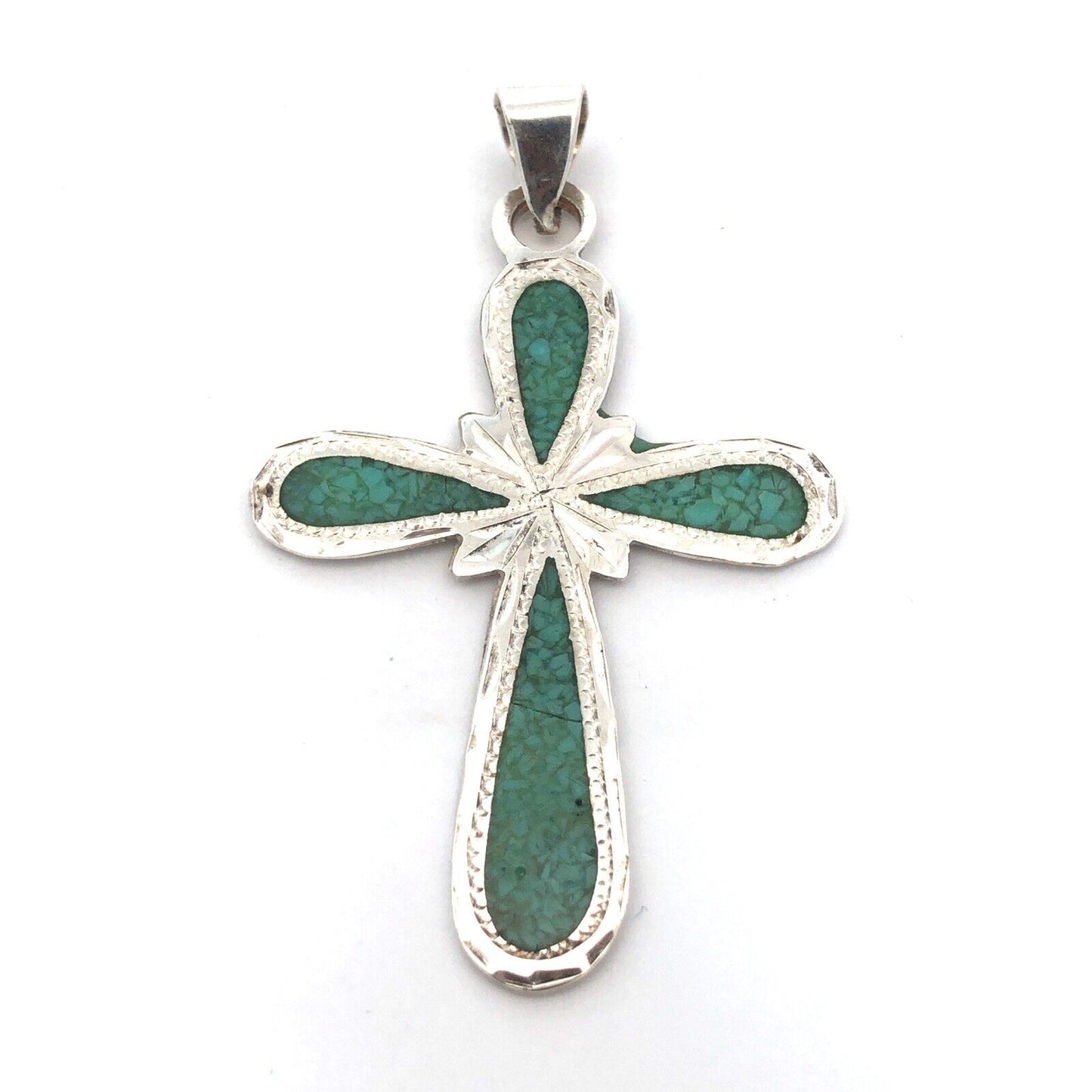 Vintage Taxco Mexico 925 Sterling Silver Turquoise Inlay Statement Cross Pendant