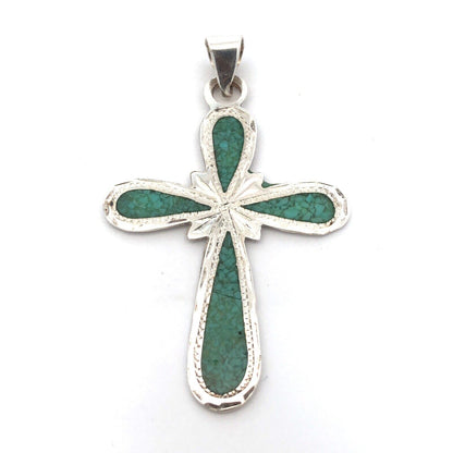 Vintage Taxco Mexico 925 Sterling Silver Turquoise Inlay Statement Cross Pendant
