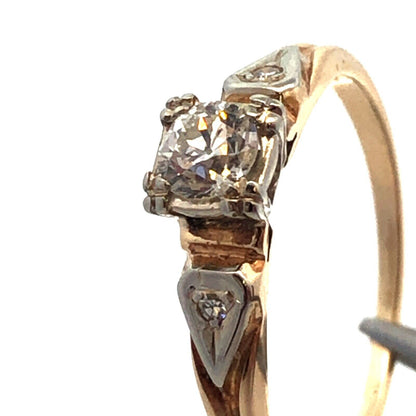 Estate 14K Yellow Gold Round Diamond Solitaire With Accents Engagement Ring