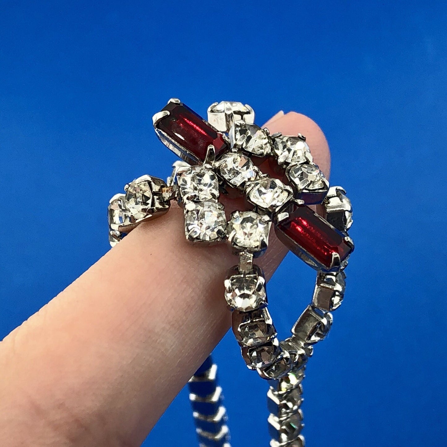 Vintage Silver Tone Rectangle Red Round White Rhinestone Valentine Bracelet