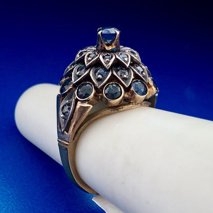 Estate 10K Yellow Gold Blue Topaz Towering Flower December Anniversary Ring