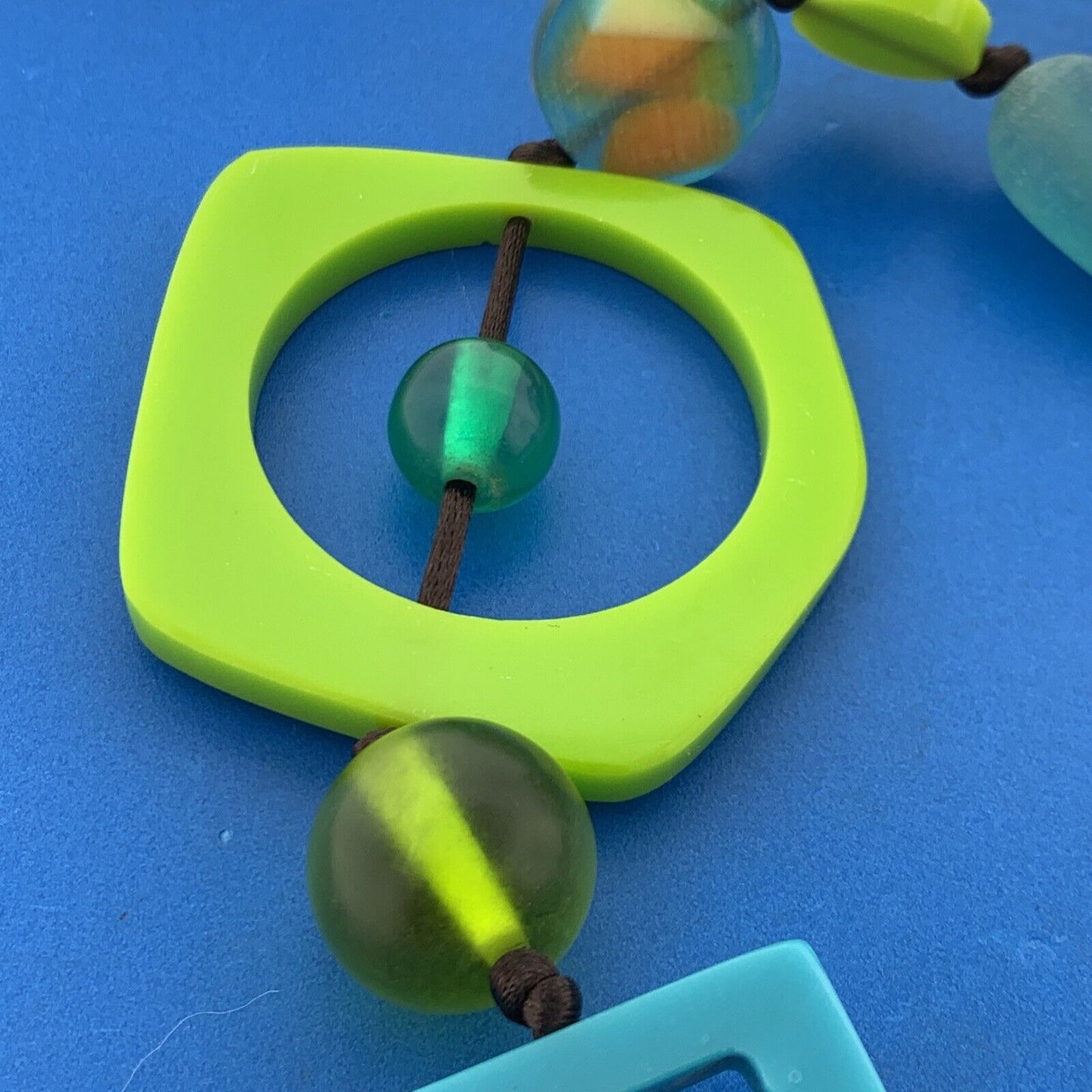 Mid Century Modern Turquoise Chartreuse Bakelite Lucite Bead Corded Necklace