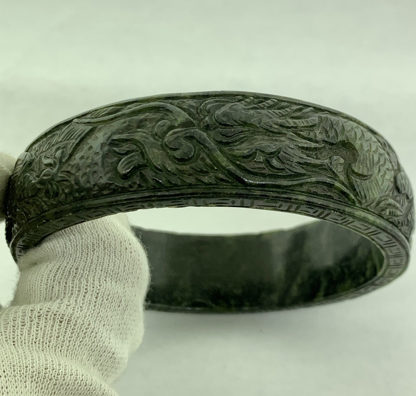Vintage Carved Burmese Jade Dueling Dragon Fire Bird Statement Bracelet